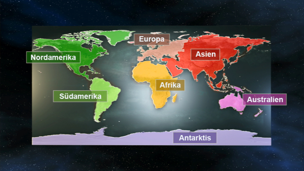Weltkarte mit Kontinenten: Nordamerika, Südamerika, Europa, Asien, Afrika, Australien und Antarktis.
