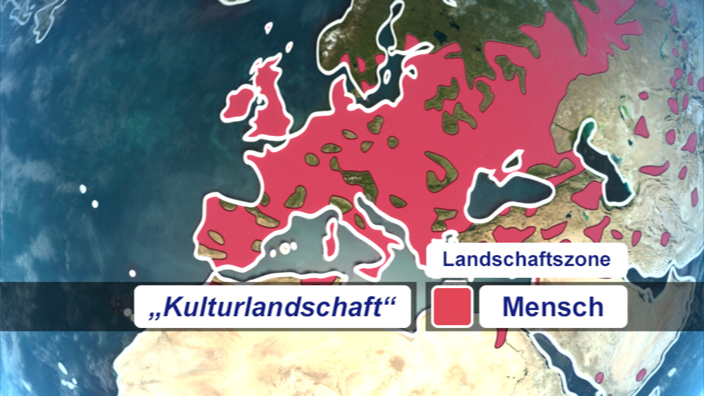Karte von Europa mit rot markierten Kulturlandschaften und der Bezeichnung 'Mensch'.