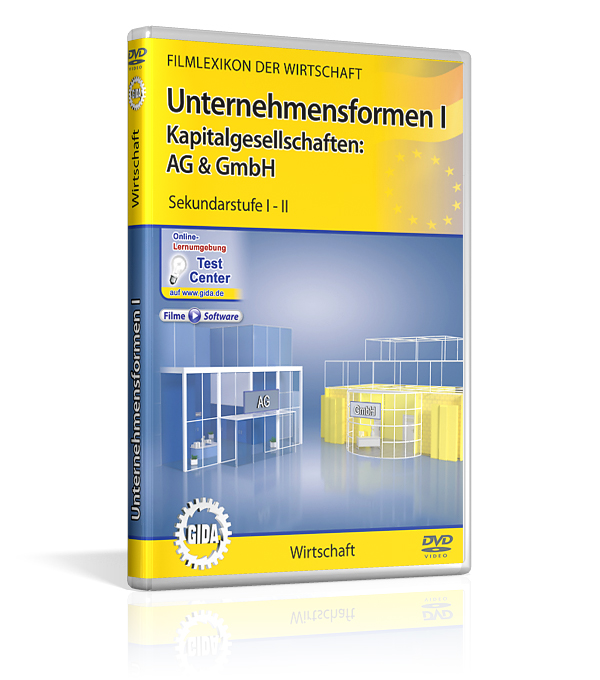 DVD-Cover für 'Unternehmensformen eins: Kapitalgesellschaften: AG & GmbH' mit Informationen zur Sekundarstufe eins-zwei.