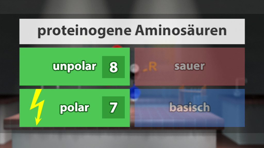 Tabelle mit proteinogenen Aminosäuren: 8 unpolare und 7 polare Aminosäuren, darunter saure und basische Kategorien.