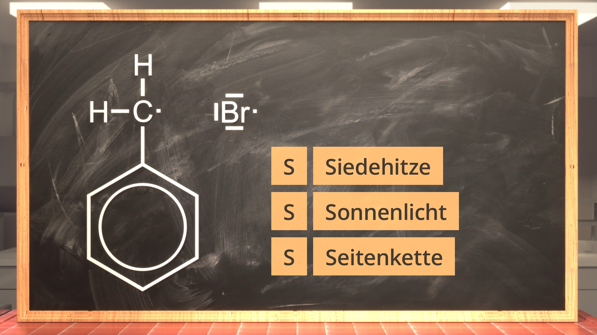 Chemische Strukturformel eines Benzolrings mit Brom-Substitution und den Begriffen 'Siedehitze', 'Sonnenlicht', 'Seitenkette' darunter.