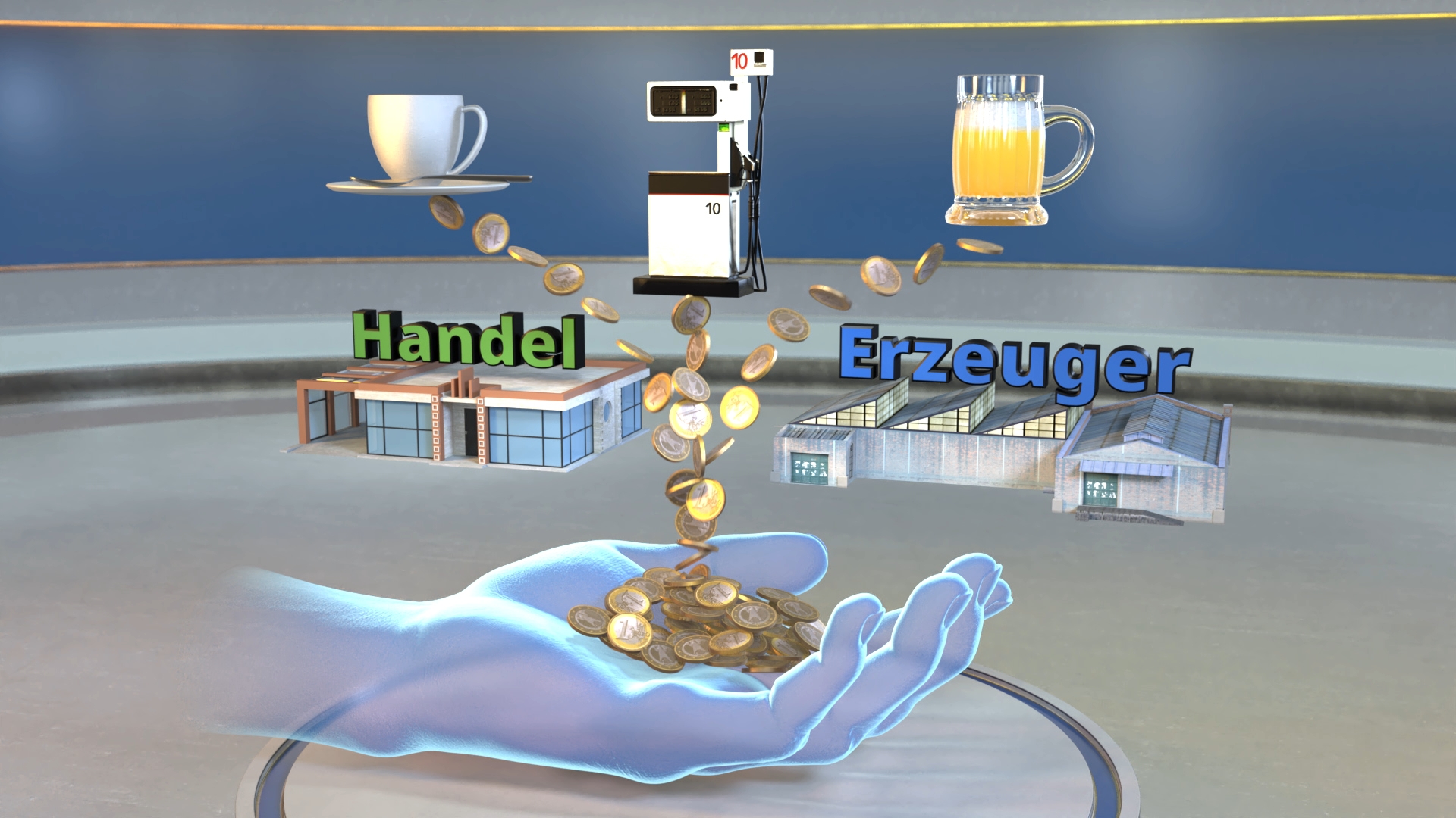 Blau leuchtende Hand hält fallende Münzen, darüber Waage mit Tasse und Glas, links Gebäude mit Schrift 'Handel', rechts Gebäude mit Schrift 'Erzeuger'.