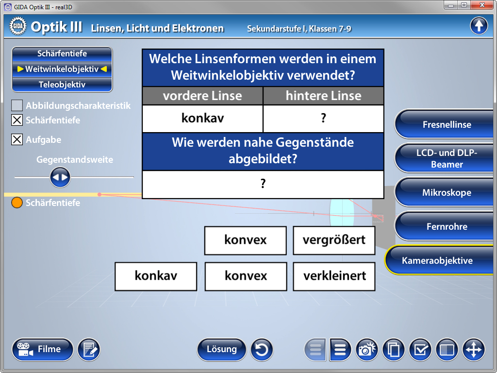 Interaktive Lernsoftware über Optik mit Fragen zu Linsenformen und deren Verwendung in Weitwinkelobjektiven.