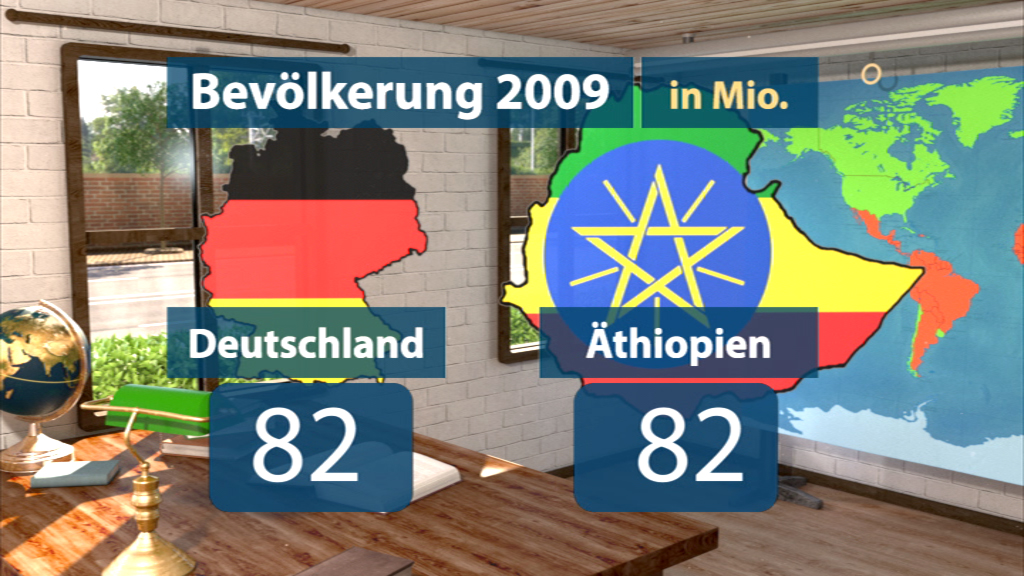 Infografik zur Bevölkerung 2009: Deutschland und Äthiopien mit jeweils 82 Millionen Einwohnern, dargestellt auf einer Karte.