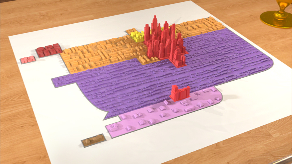 3D-Modell einer Stadt mit bunten Gebäuden in verschiedenen Formen und Höhen auf einem Tisch.
