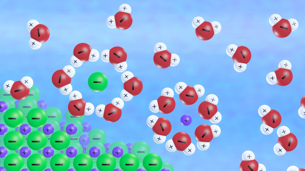 Darstellung von Molekülen mit roten, grünen und lila Atomen auf blauem Hintergrund.