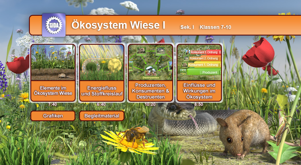 Interaktive Lernplattform über das Ökosystem Wiese mit Themen wie Energiefluss und Organismen.
