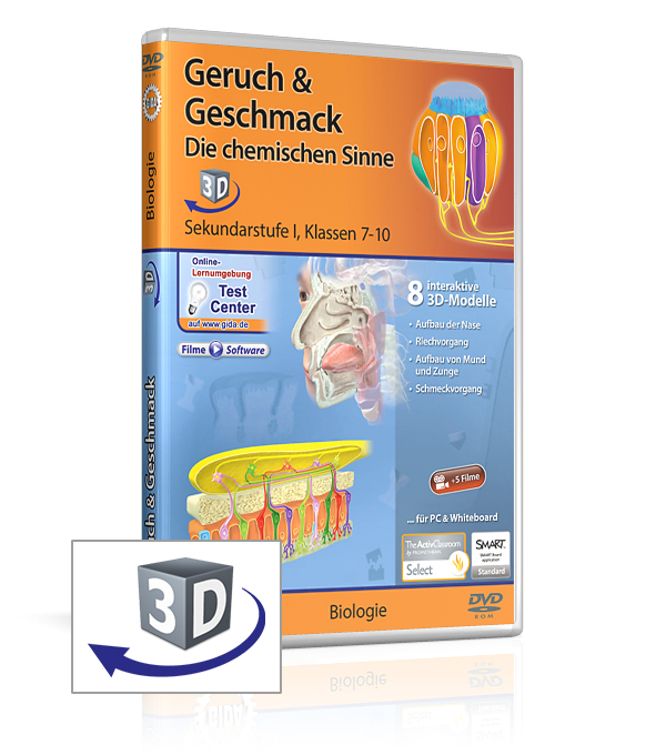 DVD-Cover für 'Geruch & Geschmack: Die chemischen Sinne' mit 3D-Modellen für den Biologieunterricht der Klassen 7-10.