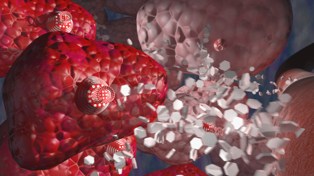 Grafik von Zellen mit roten und weißen Strukturen, die eine chemische Reaktion darstellen.