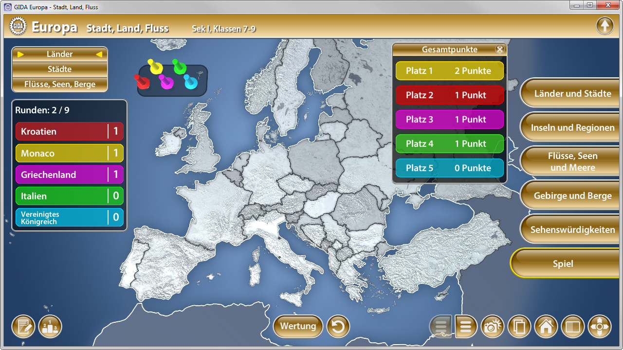 Karte von Europa mit Ländern, Flüssen und Städten, Spielstand und Punkteverteilung für die Runde 2 von 9.