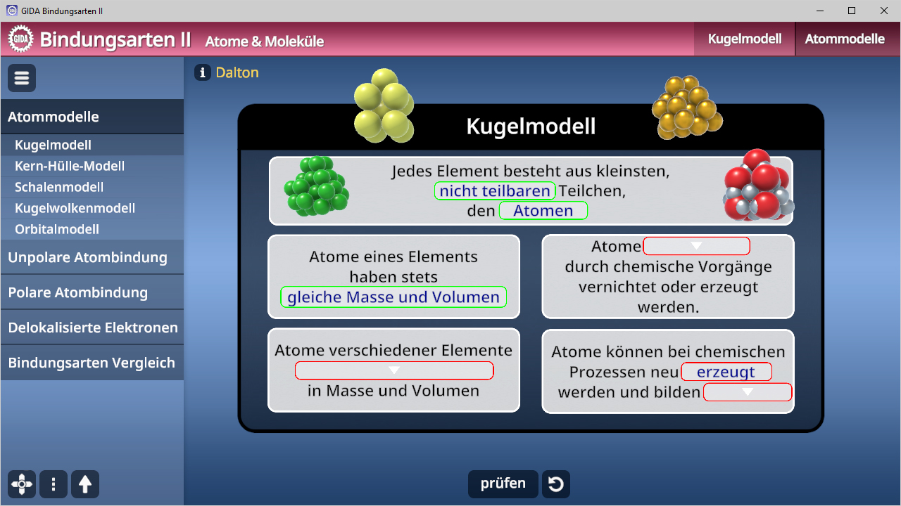 Interaktive Darstellung des Kugelmodells in der Chemie, erklärt die Eigenschaften von Atomen und deren Bindungen.