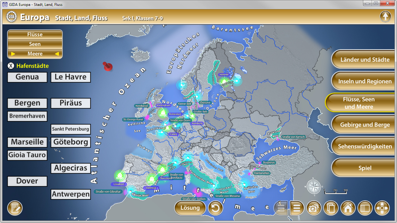 Interaktive Karte von Europa mit Städten, Flüssen und Meeren, inklusive Hafenstädte wie Genua, Le Havre und Bremerhaven.
