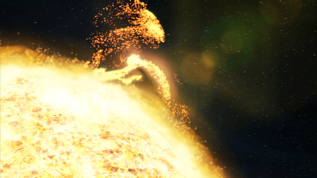 Eine künstlerische Darstellung der Sonne mit funkelnden Partikeln, die eine menschliche Figur formen.