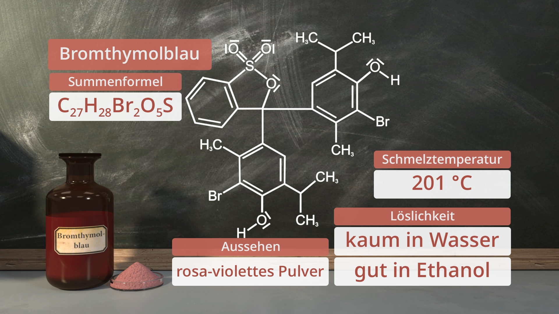 Chemische Struktur von Bromthymolblau mit Summenformel, Schmelztemperatur und Löslichkeit.