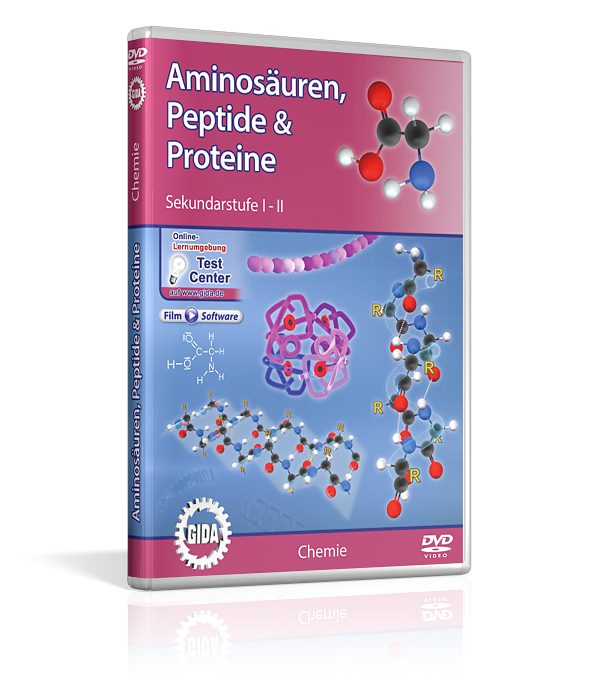 DVD-Cover zu 'Aminosäuren, Peptide & Proteine' mit chemischen Strukturen und Modellen.