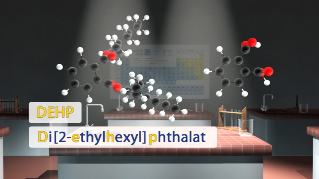 Molekülmodell von Di(2-ethylhexyl)phthalat (DEHP) in einem Laborumfeld.