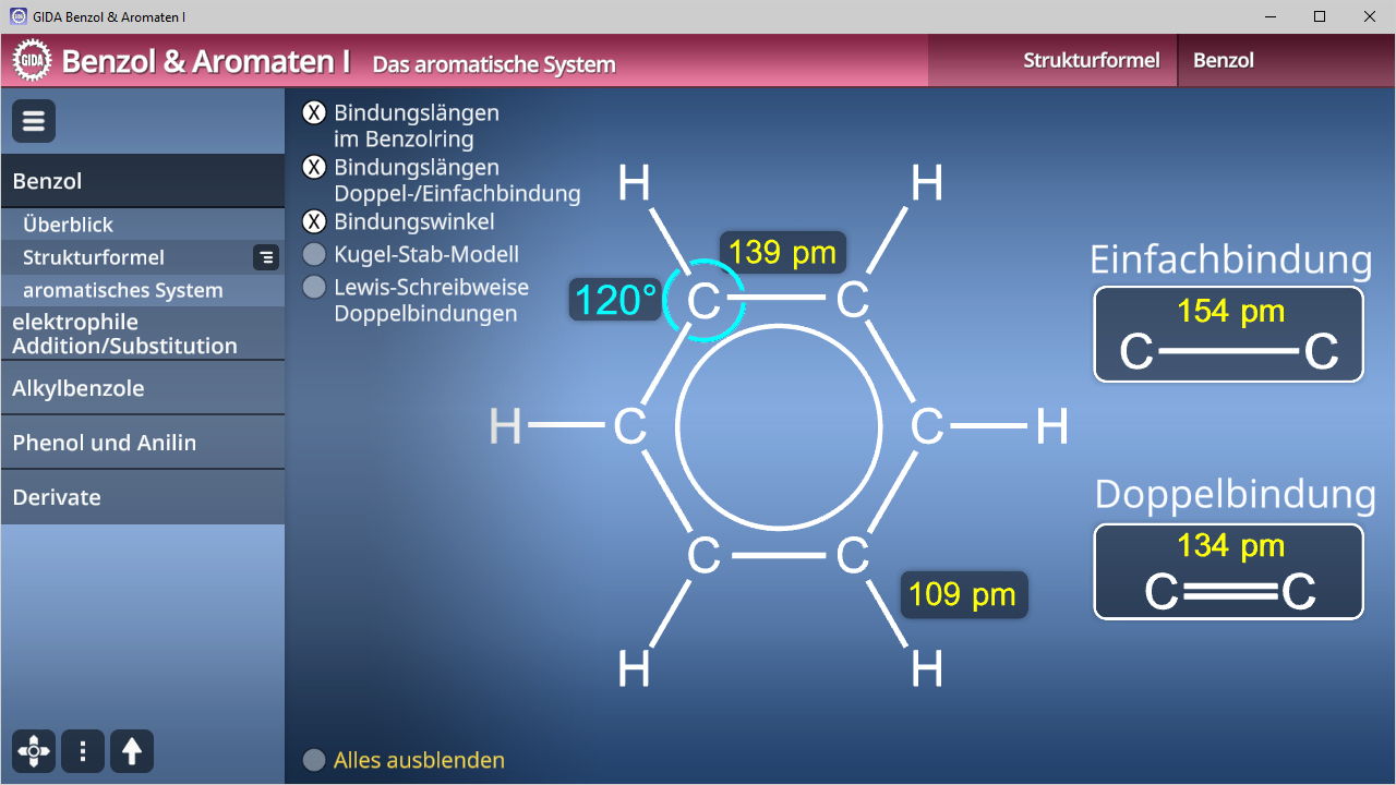 Diagramm des Benzolrings mit Bindungslängen und Strukturformel, zeigt Einfach- und Doppelbindungen.