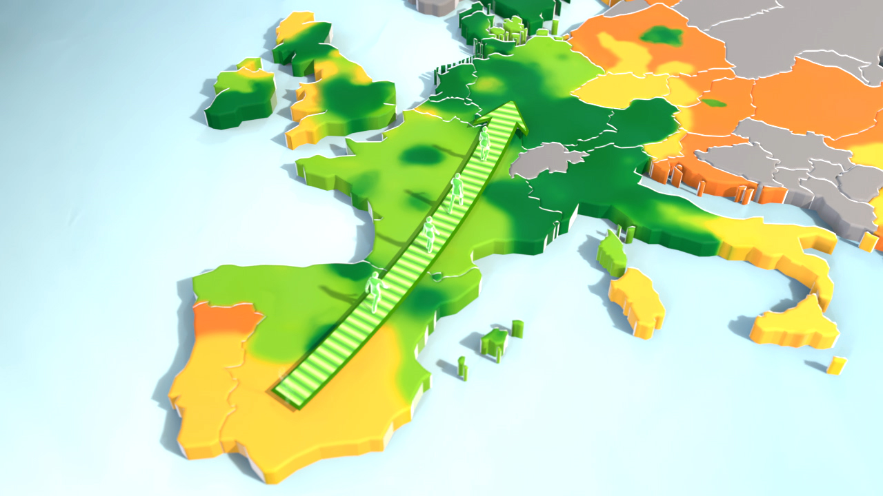 3D-Karte von Europa mit farblichen Markierungen, die verschiedene Regionen darstellen, und einer grünen Linie, die durch die Mitte verläuft.