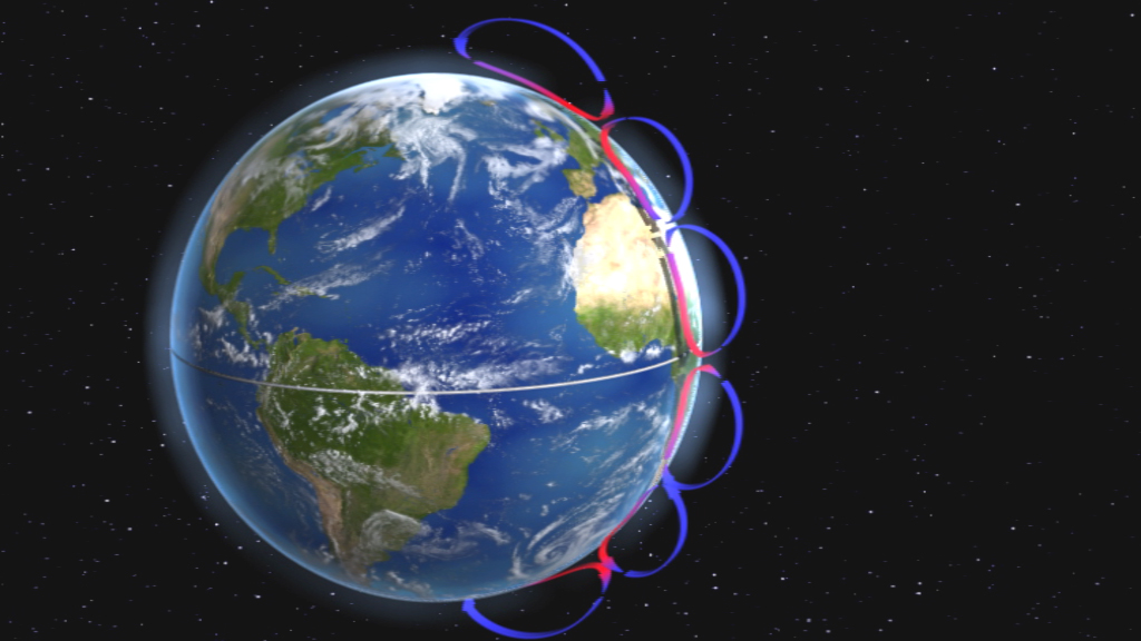 Grafik der Erde mit gekrümmten Linien, die die Satellitenbahnen darstellen.