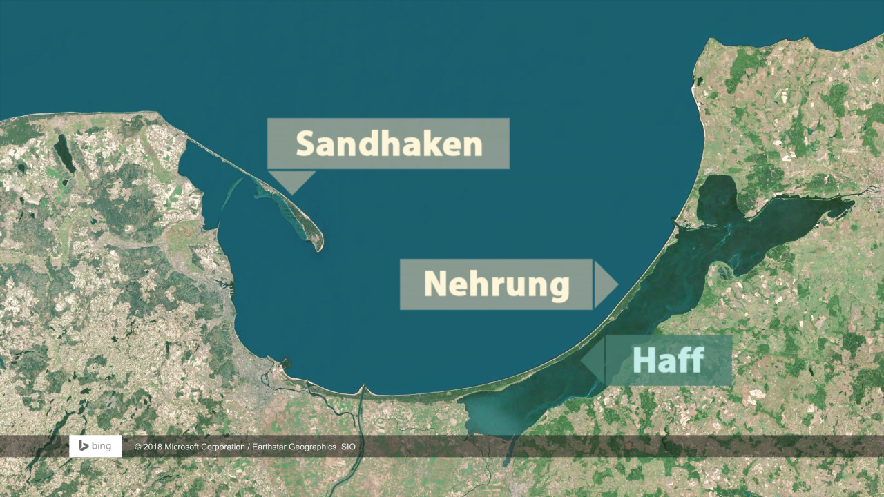 Karte des Haffs mit den Orten Sandhaken und Nehrung markiert.