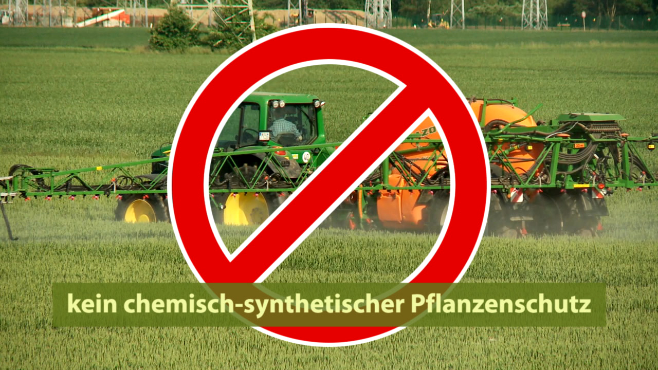 Ein Traktor sprüht Pestizide auf ein Feld, überlagert von einem roten Verbotssymbol und dem Text 'kein chemisch-synthetischer Pflanzenschutz'.