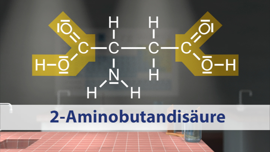 Molekülstruktur der 2-Aminobutansäure mit chemischen Bindungen und Atomen.