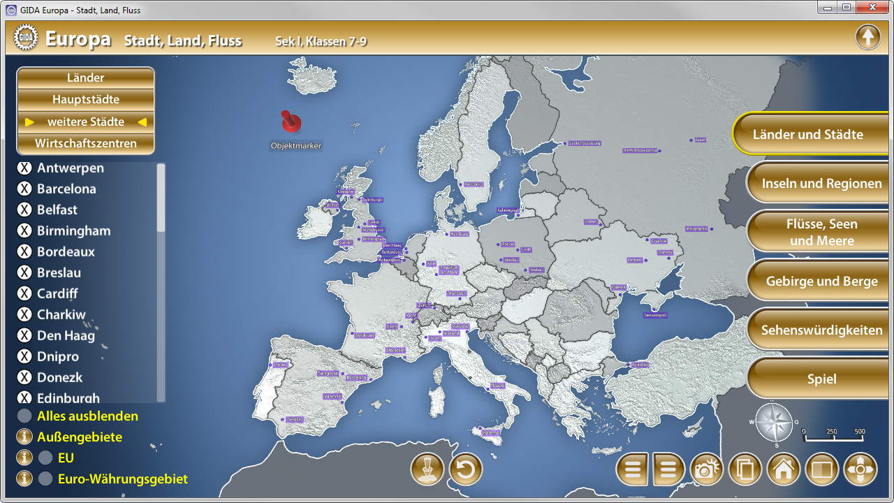 Interaktive Karte von Europa mit Ländern, Hauptstädten und weiteren Städten, einschließlich einer Auswahl für Spiele und Sehenswürdigkeiten.