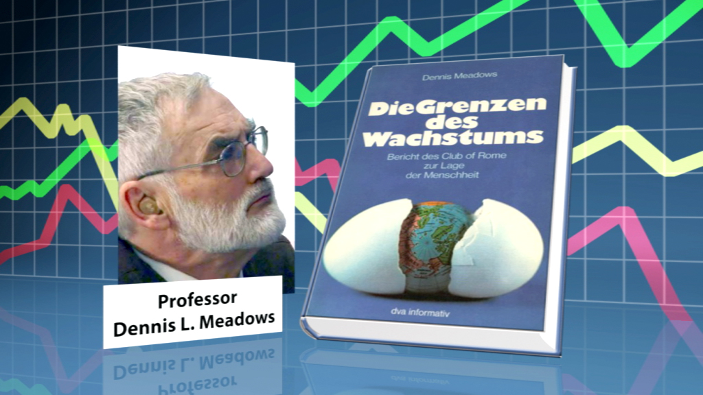 Buchcover 'Die Grenzen des Wachstums' von Dennis L. Meadows, mit Diagramm im Hintergrund.