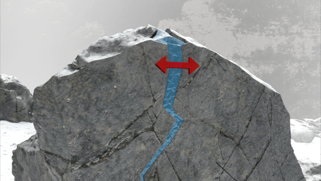 Grafik zeigt einen Felsen mit einem blauen Riss, der von oben nach unten verläuft und von roten Pfeilen flankiert wird, die die Richtung anzeigen.