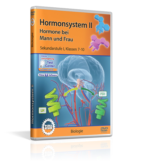 DVD-Cover für 'Hormonsystem II: Hormone bei Mann und Frau', zeigt grafische Darstellungen von Hormonen und menschlichem Körper.