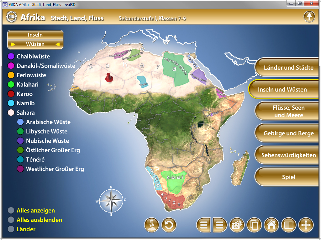 Karte von Afrika mit geografischen Merkmalen wie Wüsten, Flüssen und Gebirgen, sowie interaktiven Optionen zur Erkundung.