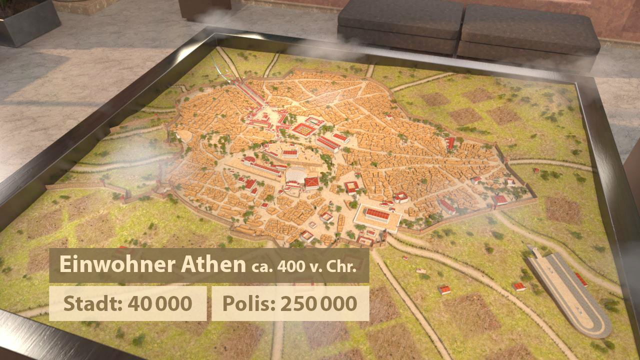 Modell von Athen um 400 v. Chr. mit Einwohnerzahlen: Stadt 40.000, Polis 250.000.