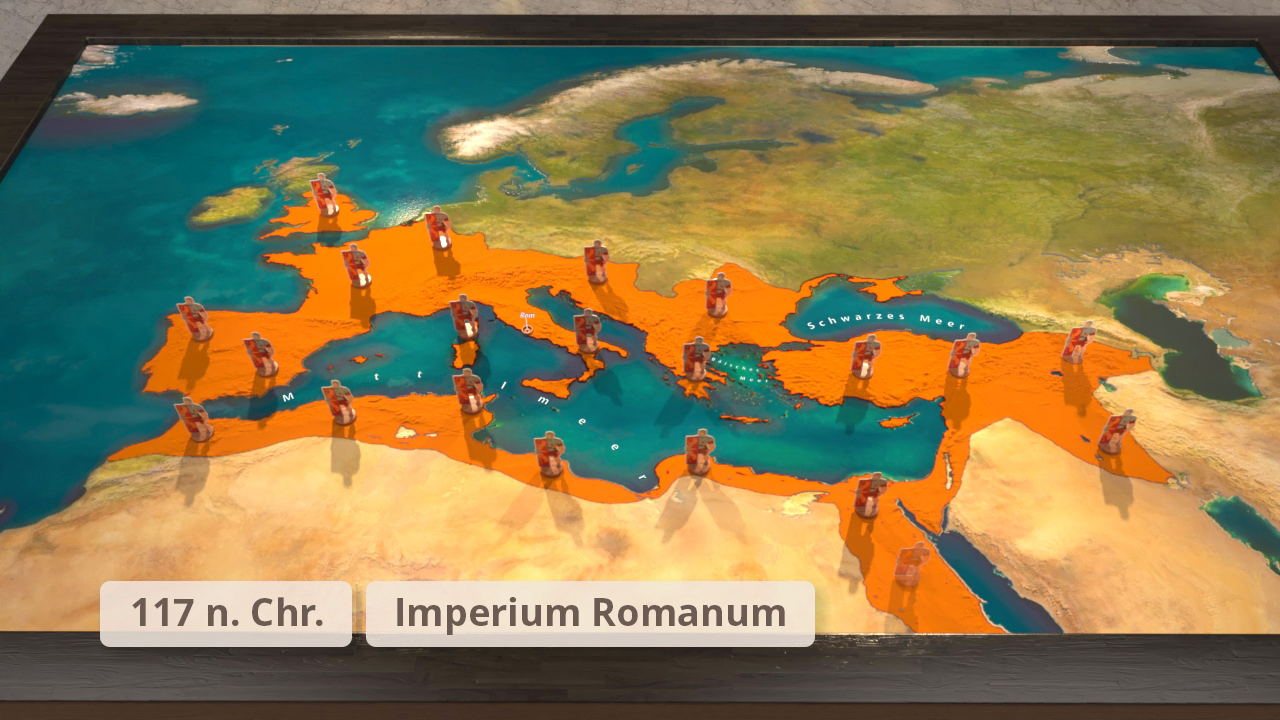 Karte des Römischen Reiches im Jahr 117 n. Chr., orange markiert, mit wichtigen Städten und Regionen.