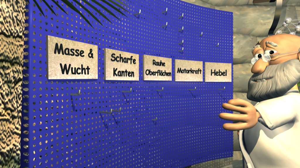 Eine animierte Figur zeigt auf ein blaues Brett mit Beschriftungen zu physikalischen Konzepten: 'Masse & Wucht', 'Scharfe Kanten', 'Raue Oberflächen', 'Motorvorrat', 'Hebel'.