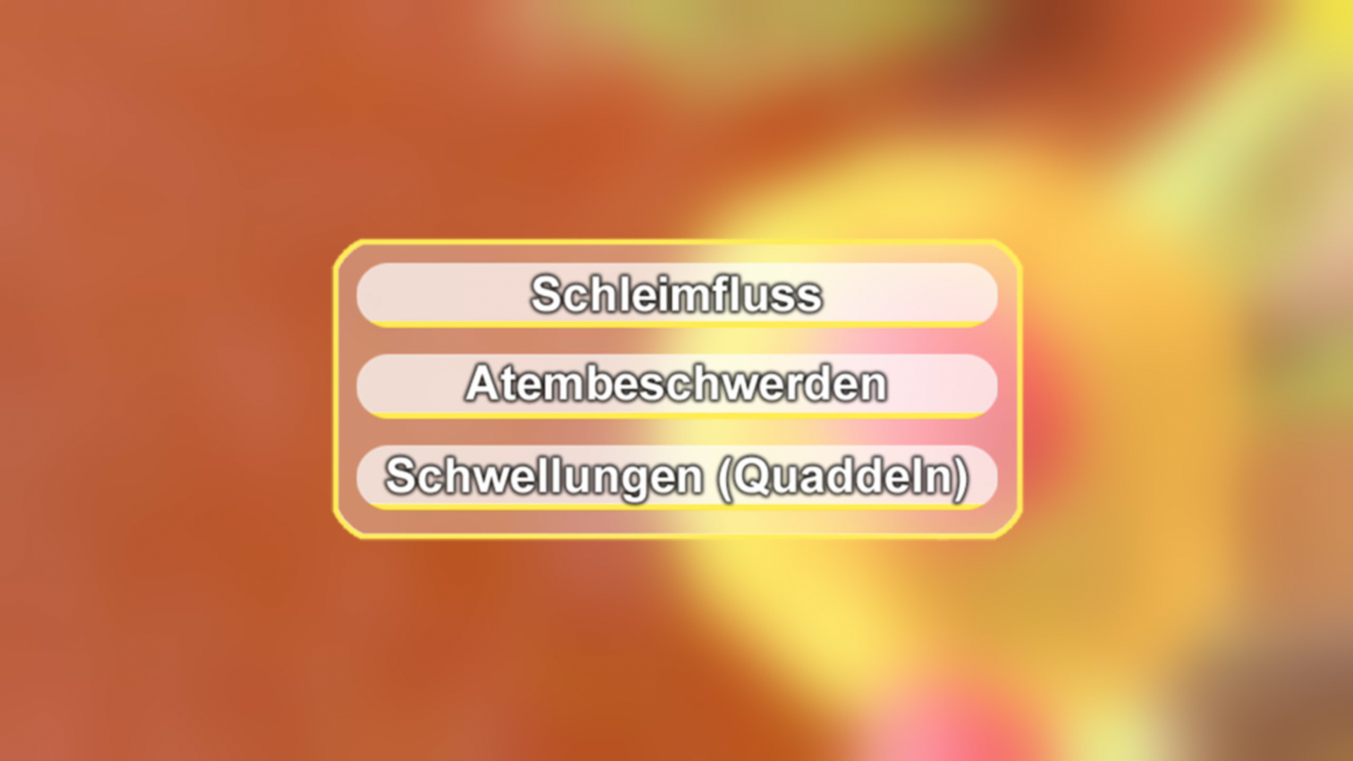 Liste von Symptomen: Schleimfluss, Atembeschwerden, Schwellungen (Quaddeln)