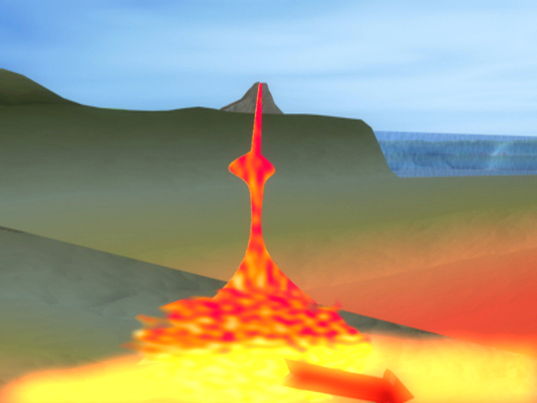 Animation eines Vulkanausbruchs mit aufsteigendem Lavafluss und Landschaft im Hintergrund.