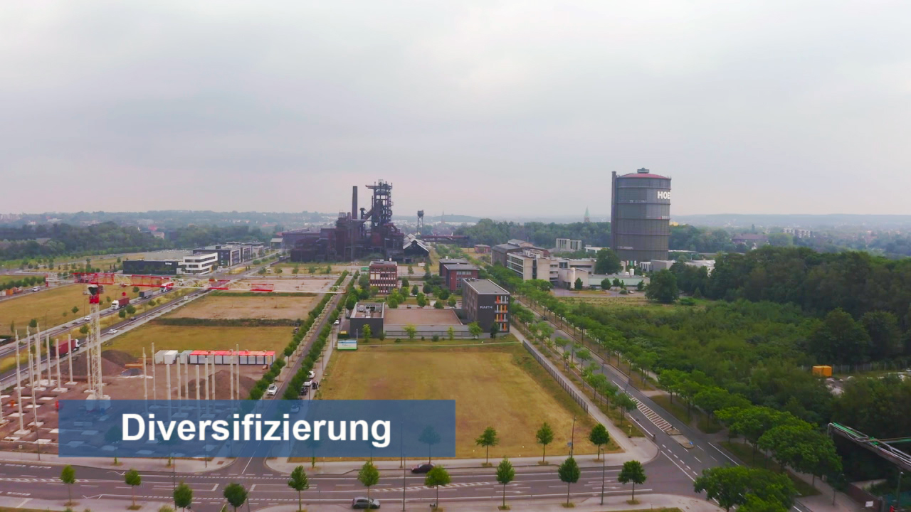 Luftaufnahme eines Industriegebiets mit Fabriken und Grünflächen, das Wort 'Diversifizierung' im Vordergrund.
