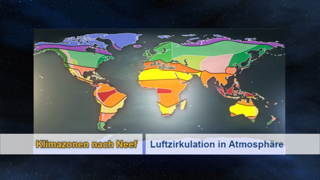 Weltkarte mit Klimazonen nach Neef und Luftzirkulation in der Atmosphäre, farblich unterteilt.