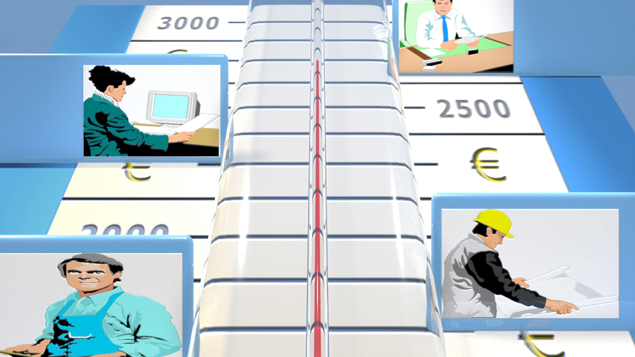 Grafik zeigt eine Gehaltsskala mit Illustrationen von verschiedenen Berufen: Büroangestellter, Arzt, Handwerker und Bauarbeiter.