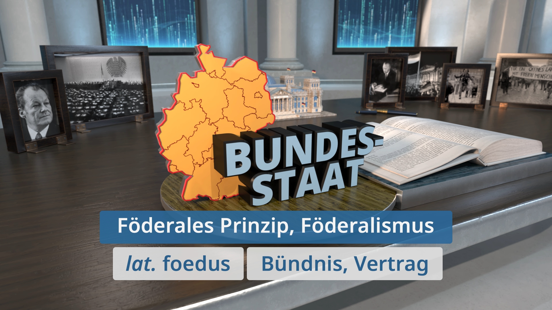 3D-Karte von Deutschland mit dem Text 'Bundesstaat', darunter 'Föderales Prinzip, Föderalismus' und die lateinische Herkunft 'lat. foedus' mit der Bedeutung 'Bündnis, Vertrag' auf einem Tisch mit historischen Fotos und einem offenen Buch