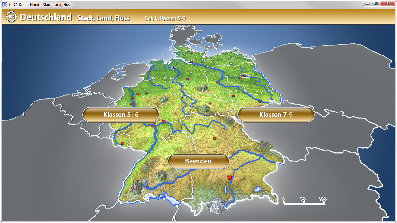 Menü der Software "Deutschland – Stadt, Land, Fluss".