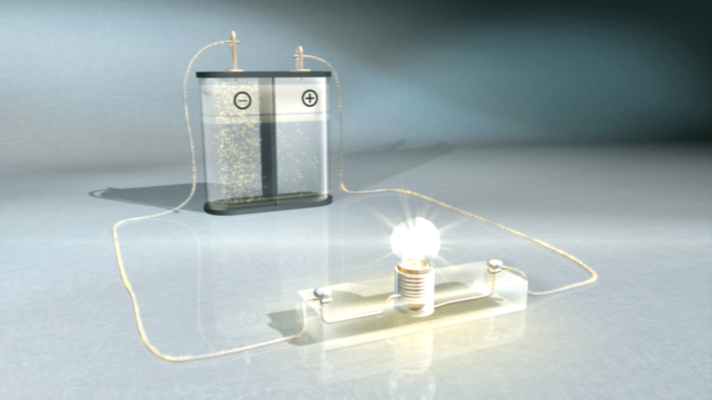 Ein einfaches elektrisches Schaltkreisdiagramm mit einer Batterie, Drähten und einer Glühbirne, die leuchtet.