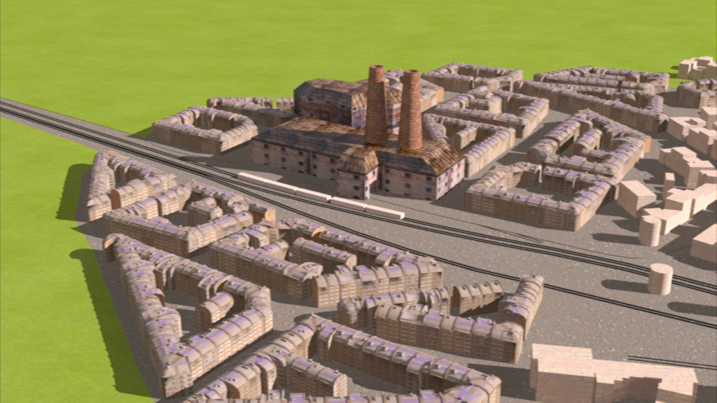 3D-Modell einer Stadt mit einem zentralen Gebäude und angrenzenden Wohngebieten.