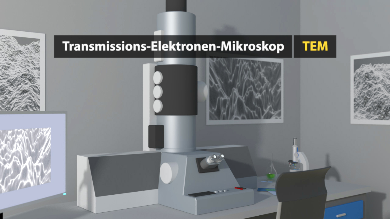 Ein Transmissions-Elektronen-Mikroskop (TEM) in einem Labor, umgeben von wissenschaftlichen Bildern.