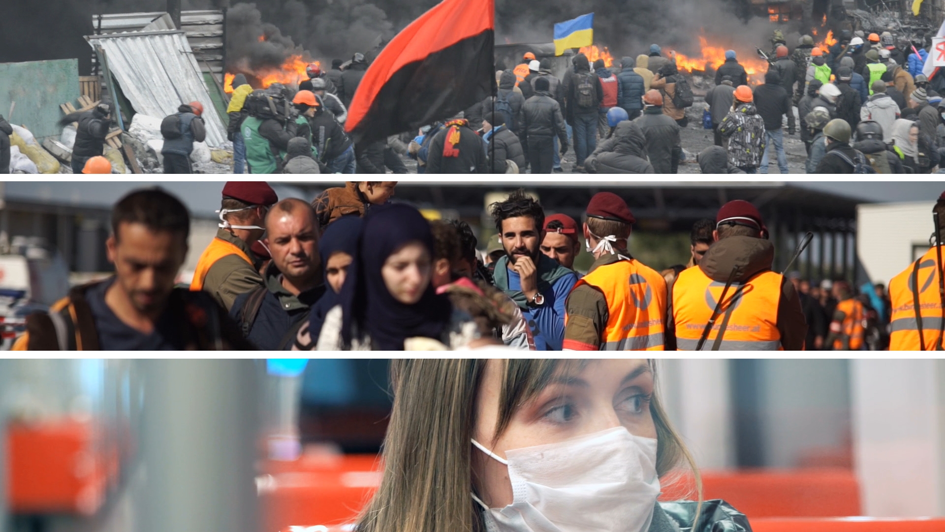 Menschenmenge bei Protesten mit Flaggen, gefolgt von einer Gruppe von Menschen in Schutzkleidung und einer Frau mit Mundschutz.