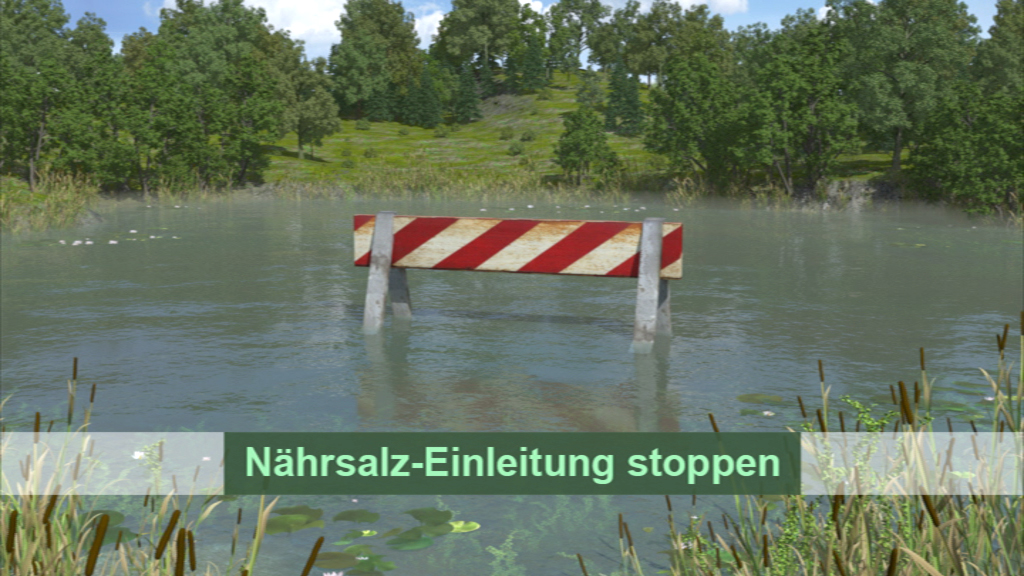 Ein rotes und weißes Warnschild steht in einem überfluteten Bereich mit grüner Vegetation im Hintergrund.