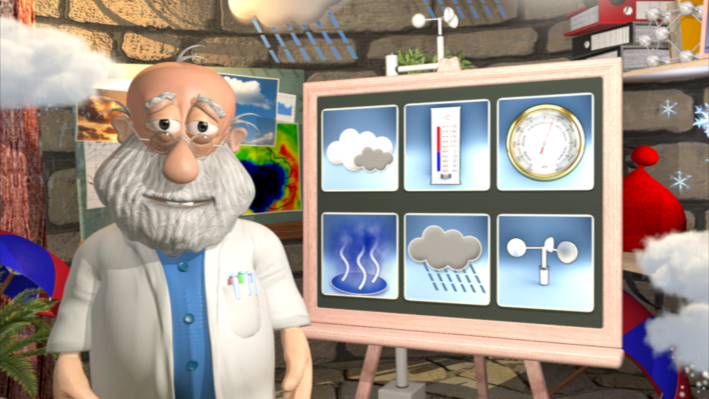 Ein animierter Wetterexperte erklärt verschiedene Wetterphänomene an einer Tafel mit Symbolen für Wolken, Temperatur und Niederschlag.