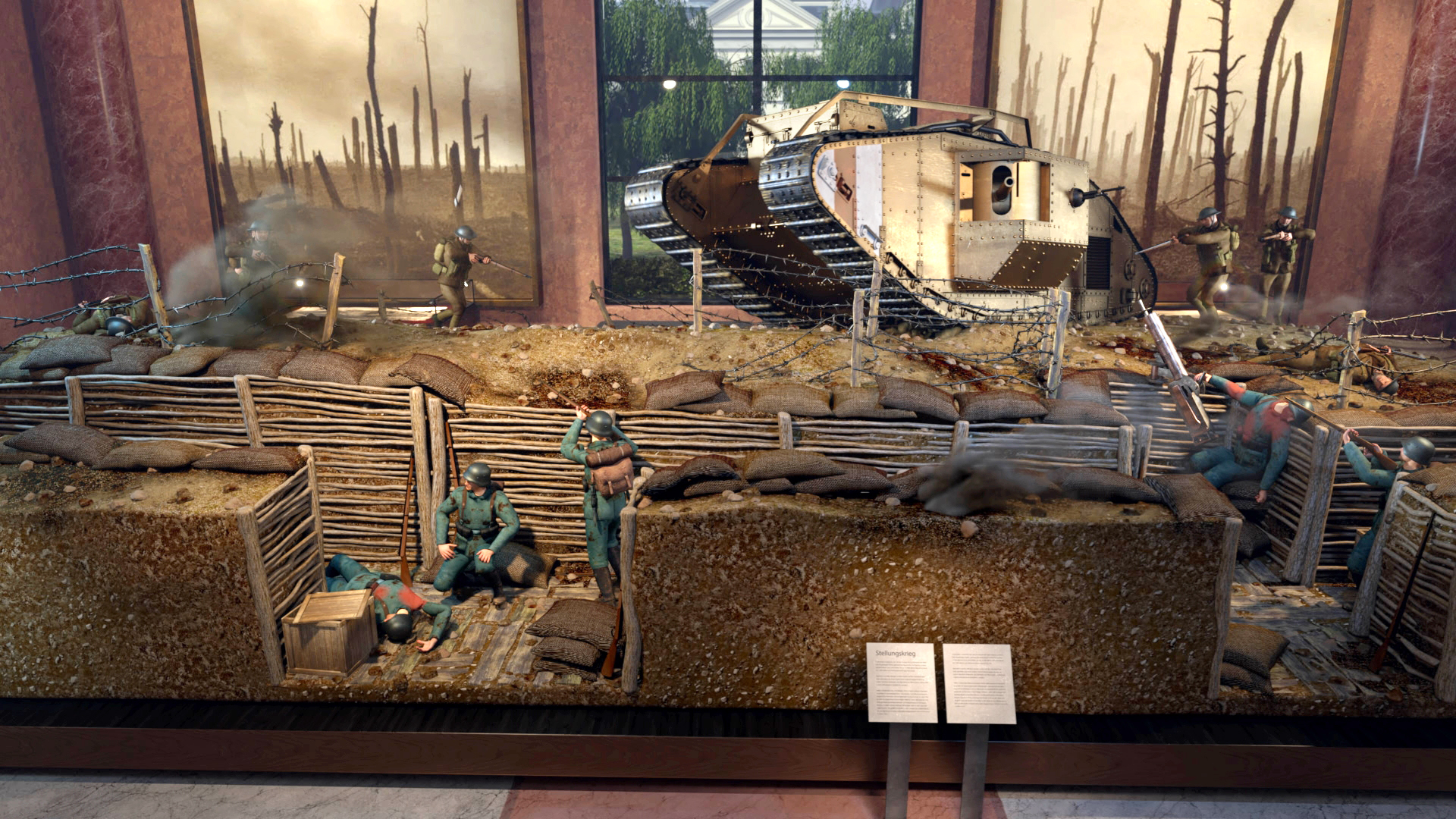 Detailansicht eines Dioramas, das einen Schützengraben aus dem Ersten Weltkrieg mit Soldaten und einem Panzer zeigt.