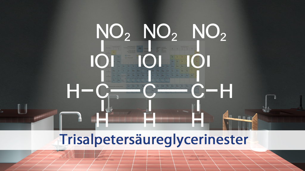 Molekülstruktur von Trisalpetersäureglycerinester mit chemischen Formeln und Notationen.
