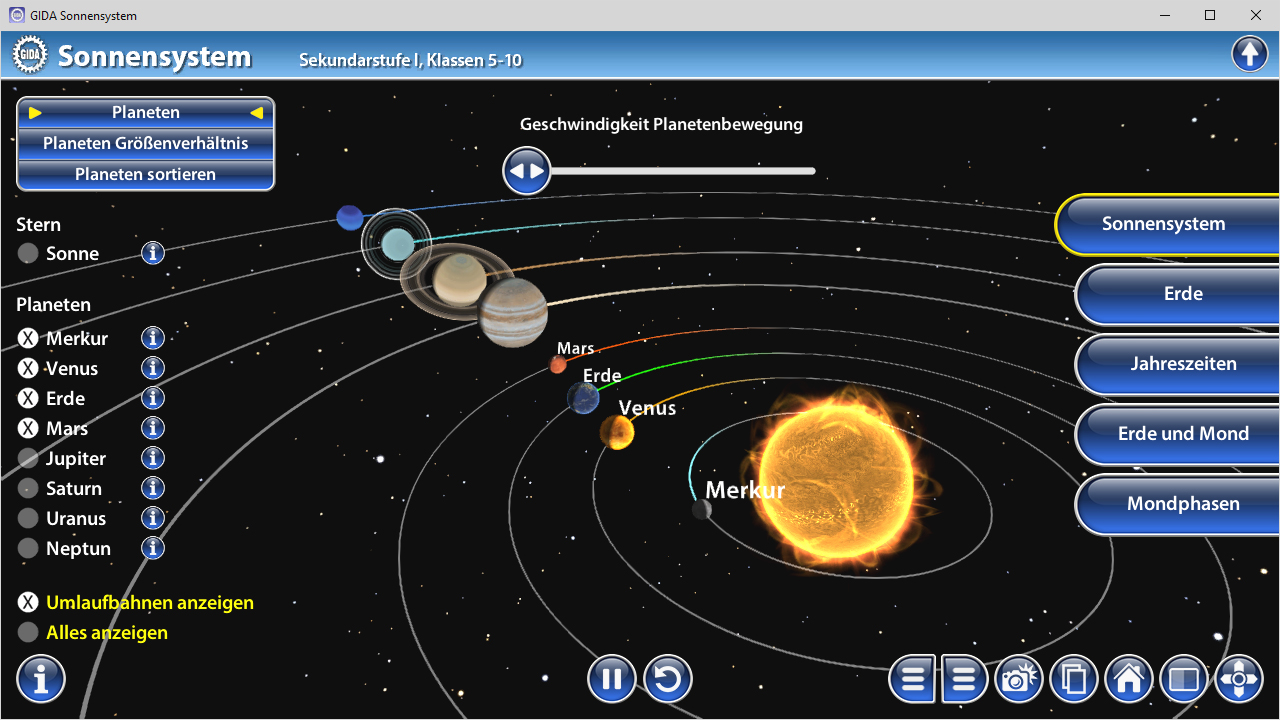 Darstellung des Sonnensystems mit Planeten, Sonne und deren Bewegungen.